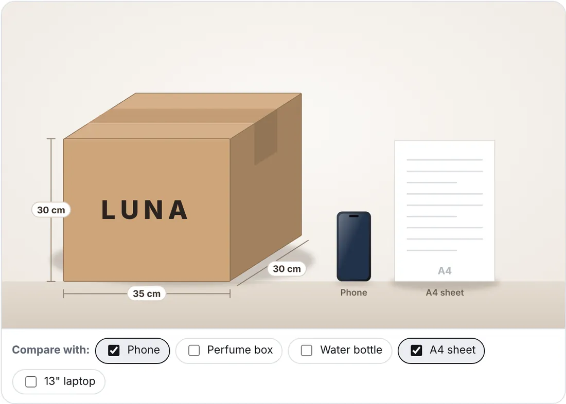 Branded shipping box next to a phone and A4 sheet